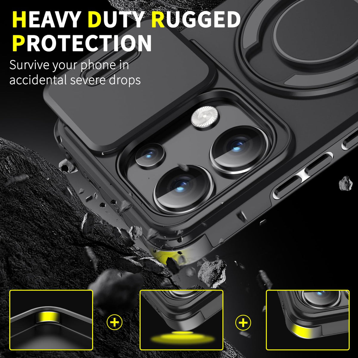 Husă antisoc pentru Xiaomi 14T Pro cu protecție glisantă cameră și inel rotativ 360° – Negru