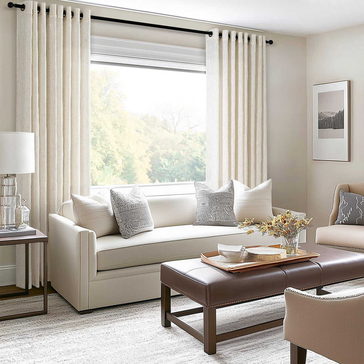 Linen Curtains Eyelet Semi-Transparent for Living Room Bedroom – Beige 140x240 cm