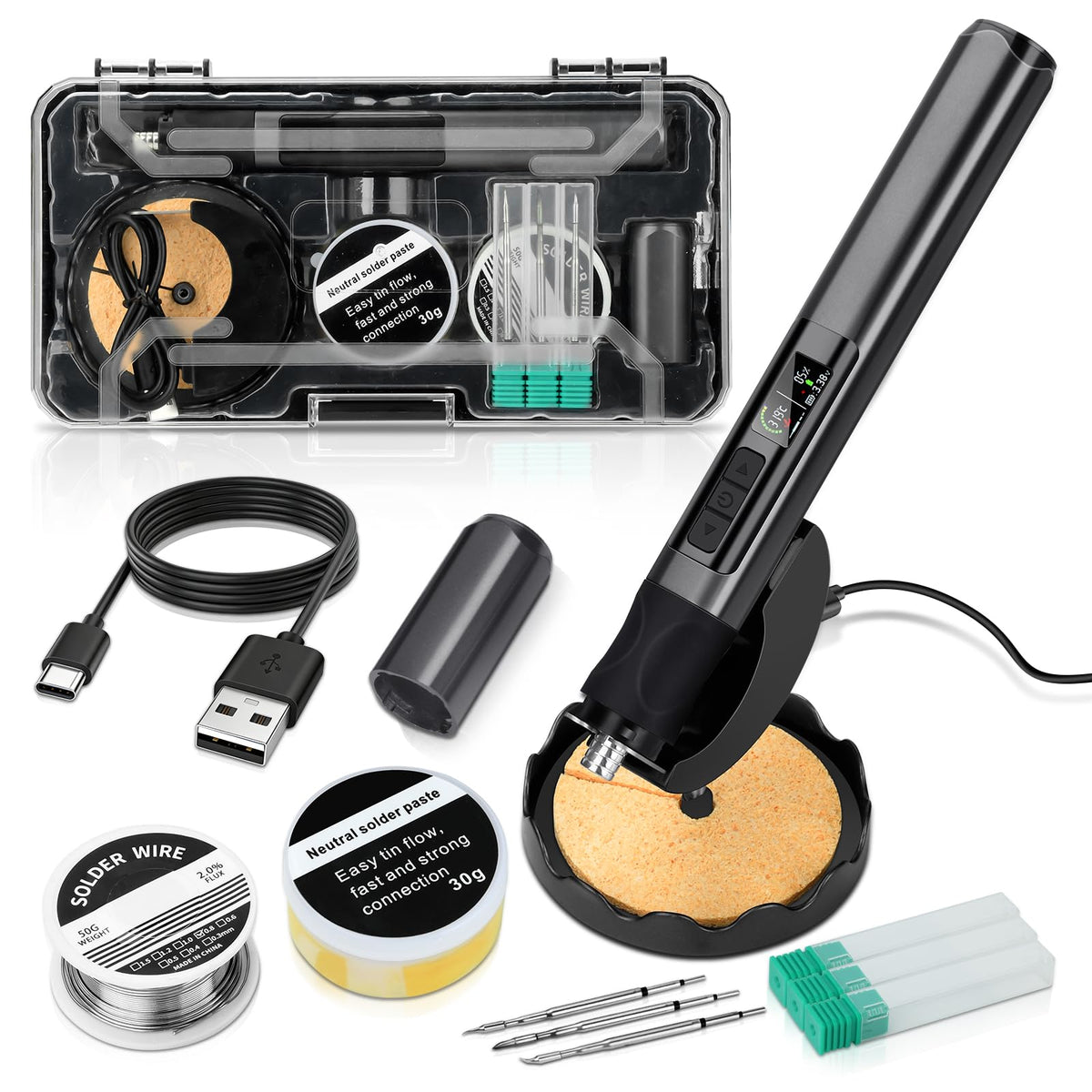 Cordless Soldering Iron 75W USB-C Rechargeable 150–480°C LED Display Auto Sleep – With Dock
