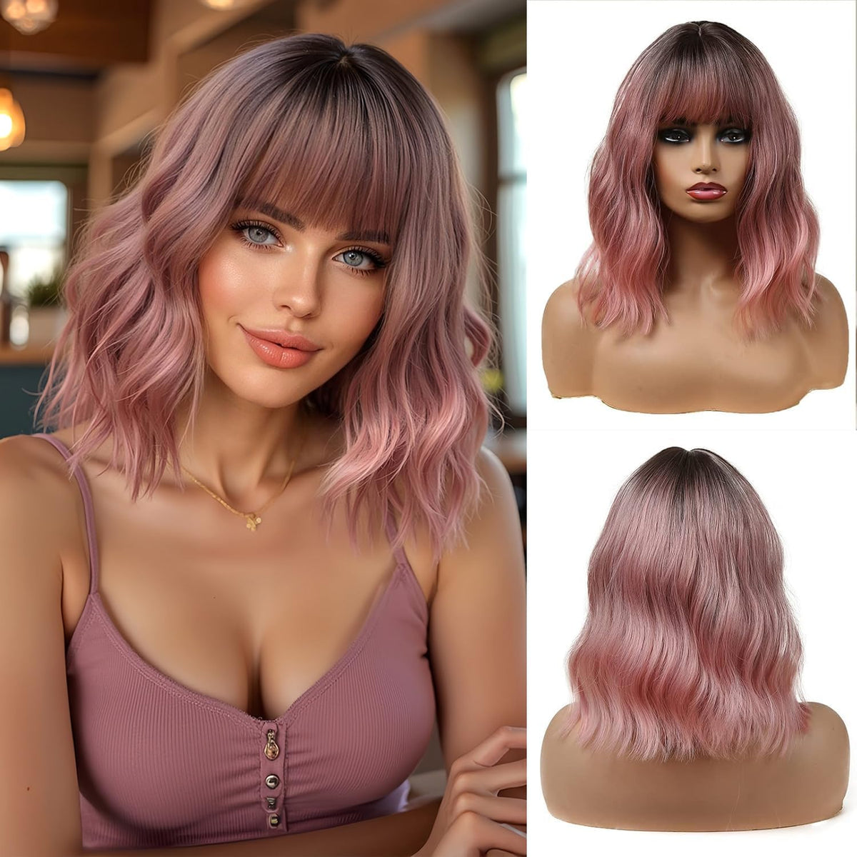 Esmee 14-inch Short Pink Wig with Bangs Synthetic Hair for Women – Ombre