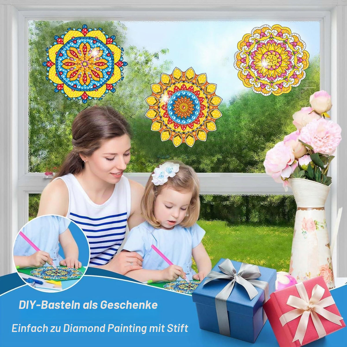 Kit pictură cu diamante mandala stickere de geam prismă curcubeu, set 4 bucăți