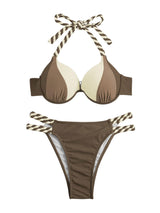 GORGLITTER Push Up Bikini Women Set Halterneck Bikini With Underwire Cut Out Bikini With Color Block Two Piece Swimsuit Brown M