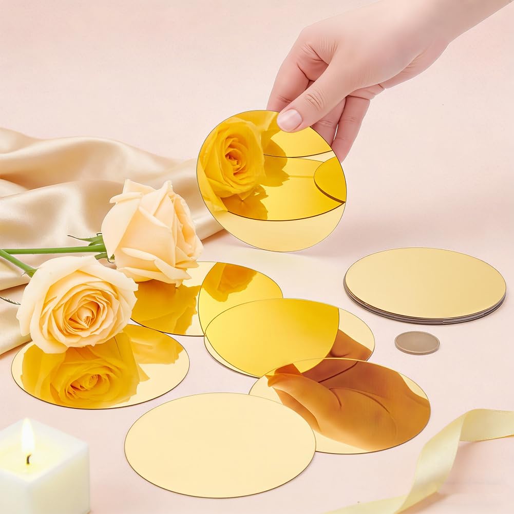Oglinzi rotunde acrilice 10 cm suport lumânări pentru decorațiuni mese, set 24 bucăți – Auriu