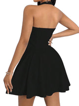Women's Halter Neck A-Line Ruffle Dress Sleeveless Short – Black L