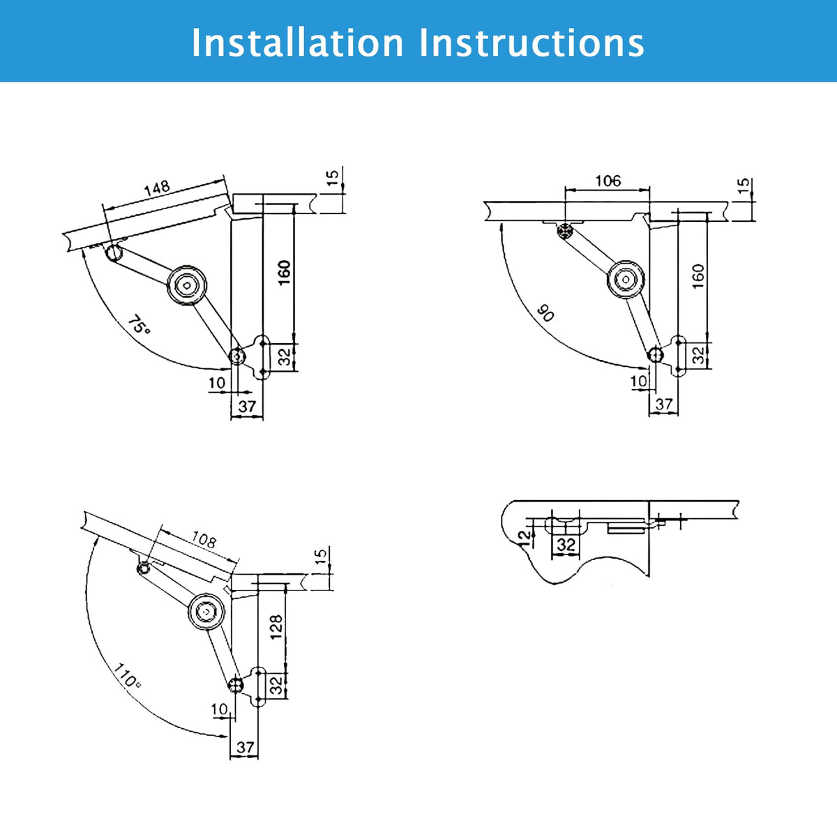 CHRI lid support hinges flap holder flap fitting flap support 2 pieces lid support hinge folding hinge for kitchen door, wardrobe opening angle 75 ° / 90 ° / 110 °