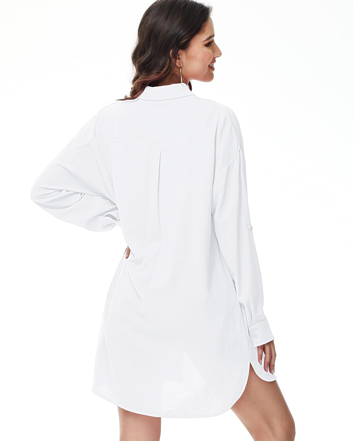 Women's V-Neck Long Sleeve Button-Down Blouse Roll-Up Casual Shirt – White M