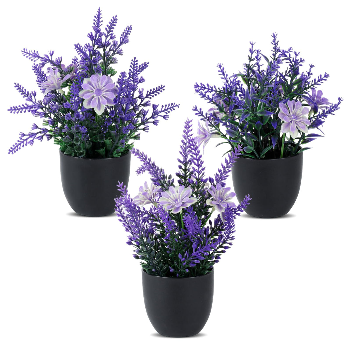 Artificial Lavender Plant Trio in Pots Realistic Small Indoor Decorative Flowers – Set of 3