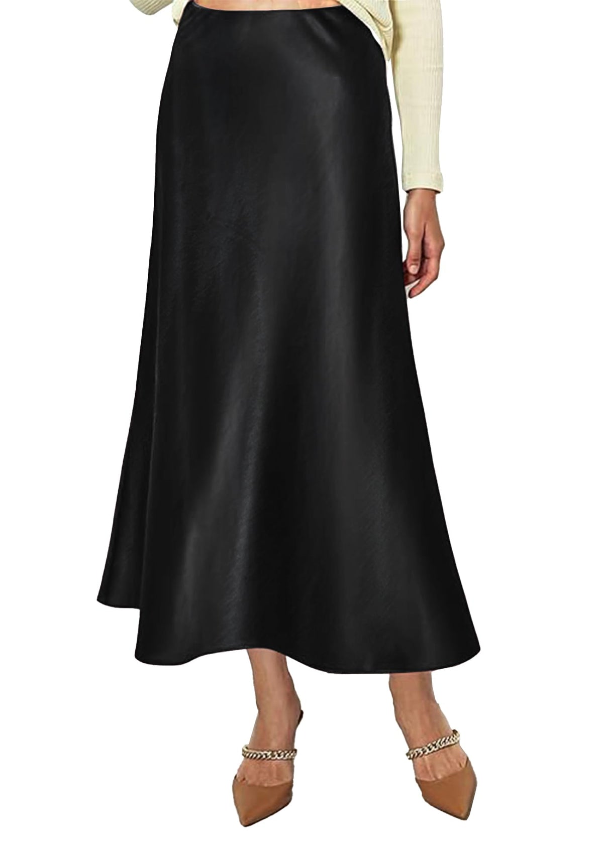 Women's High-Waist Satin Maxi Skirt A-Line Zipper Pleated – Black L