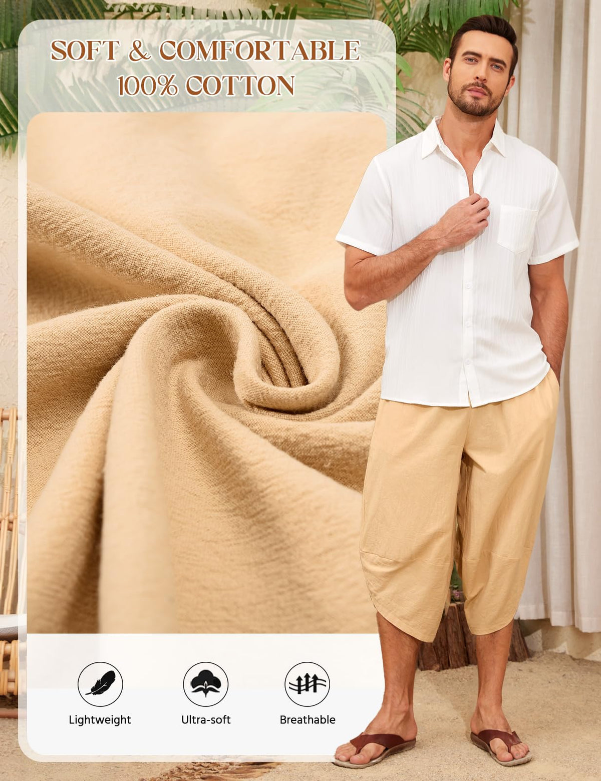 Men's 3/4 Lightweight Summer Trousers Baggy Cotton Harem with Drawstring & Pockets – M