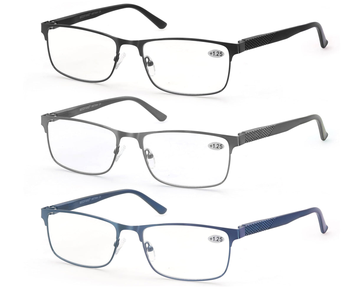 MODFANS 3 Pack Reading Glasses Men Blue Light Filter Metal Frame Rectangle Style Stainless Steel Material