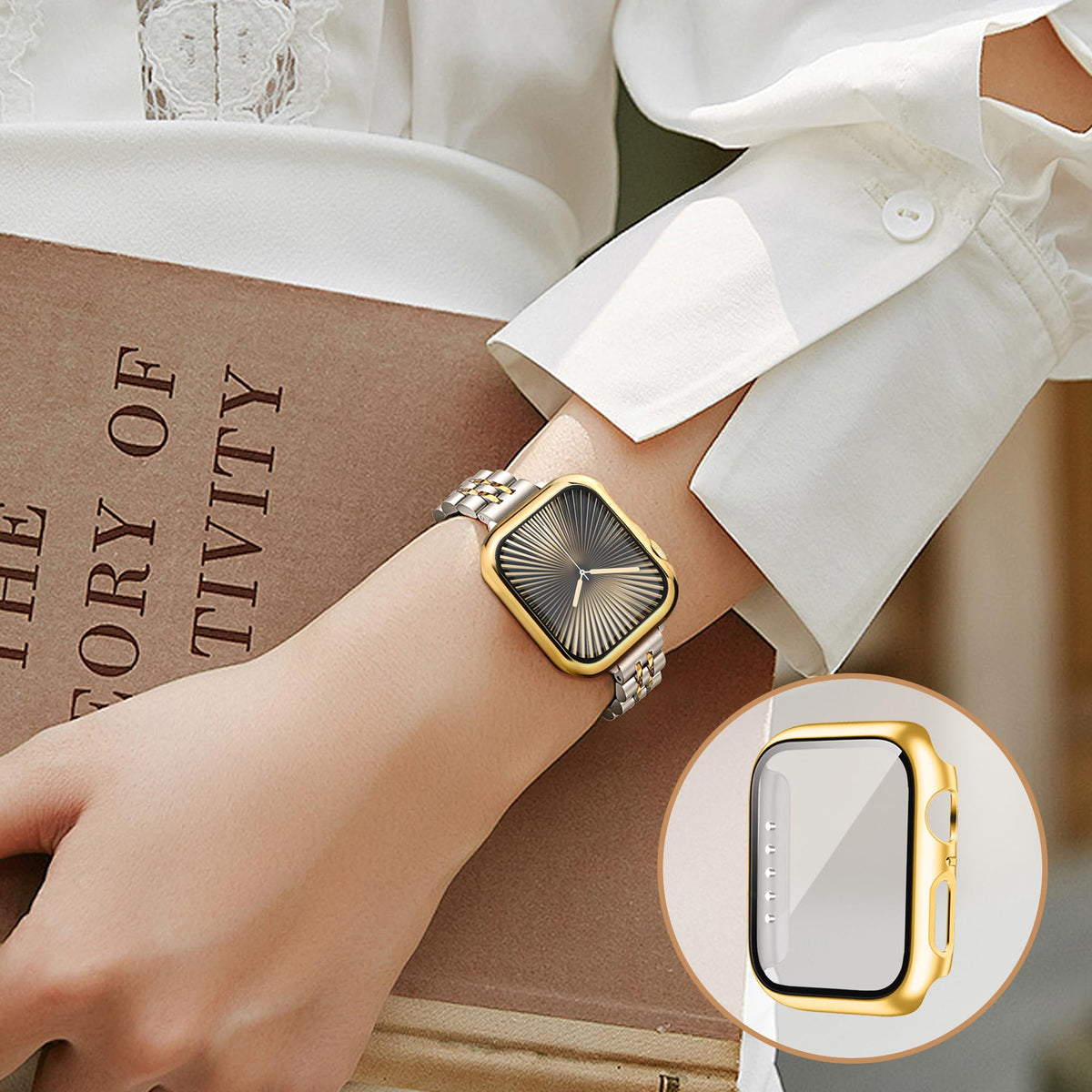 Brățară din inox cu carcasă de protecție pentru Apple Watch 40mm Seria 6/5/4/SE – Starlight/Auriu