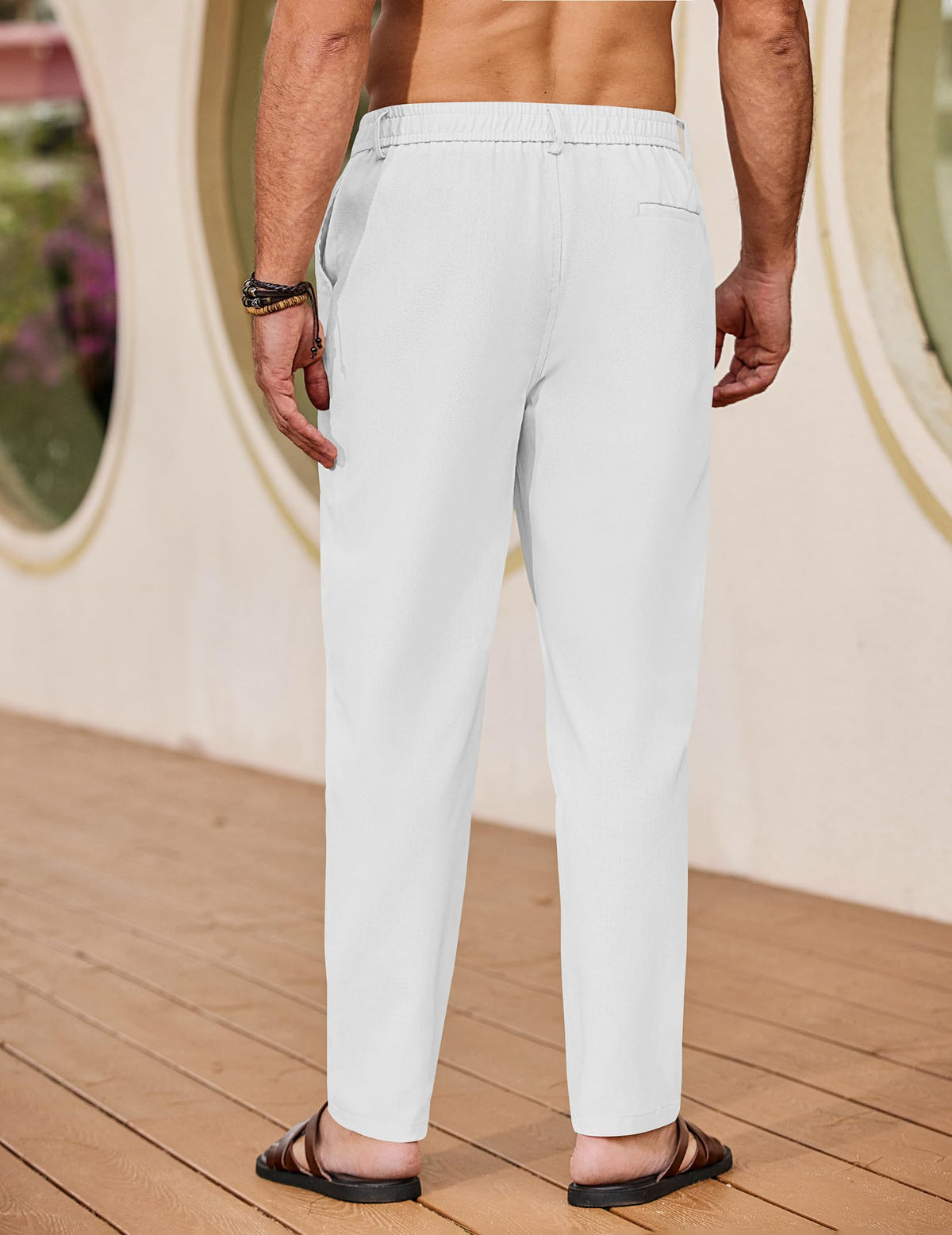 Pantaloni lejeri de vară din in pentru bărbați cu șnur și buzunare – Alb XL