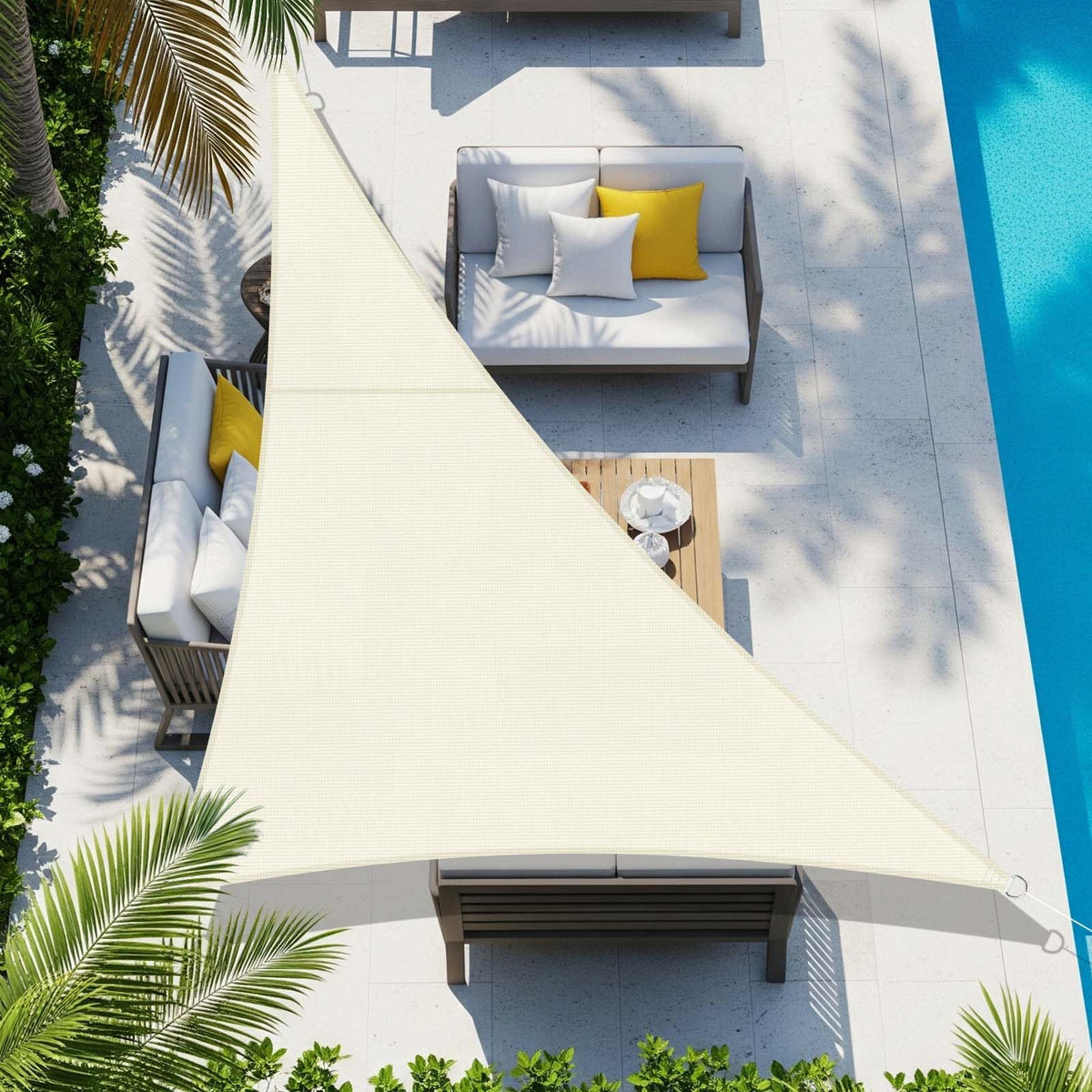 Prelată de umbrire triunghiulară impermeabilă cu protecție solară UV 2.5 x 2.5 x 3.5 m – Crem
