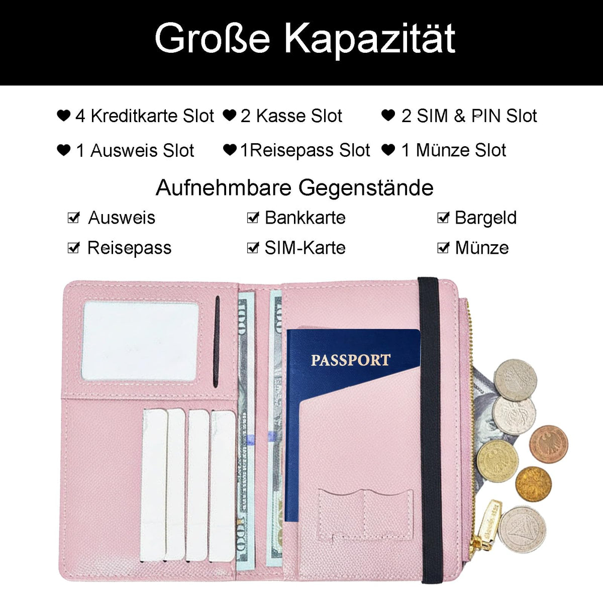 Passport Holder Travel Document Organizer PU Leather with Coin Pocket – Black