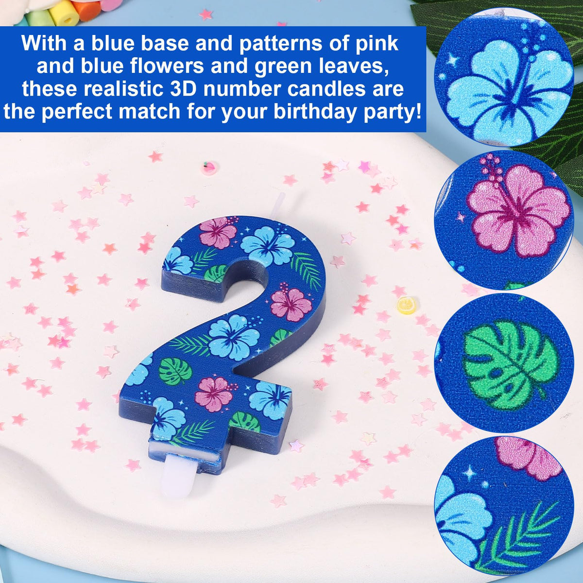 Birthday Number Cake Candle Hawaiian Floral Topper - Blue Number 2