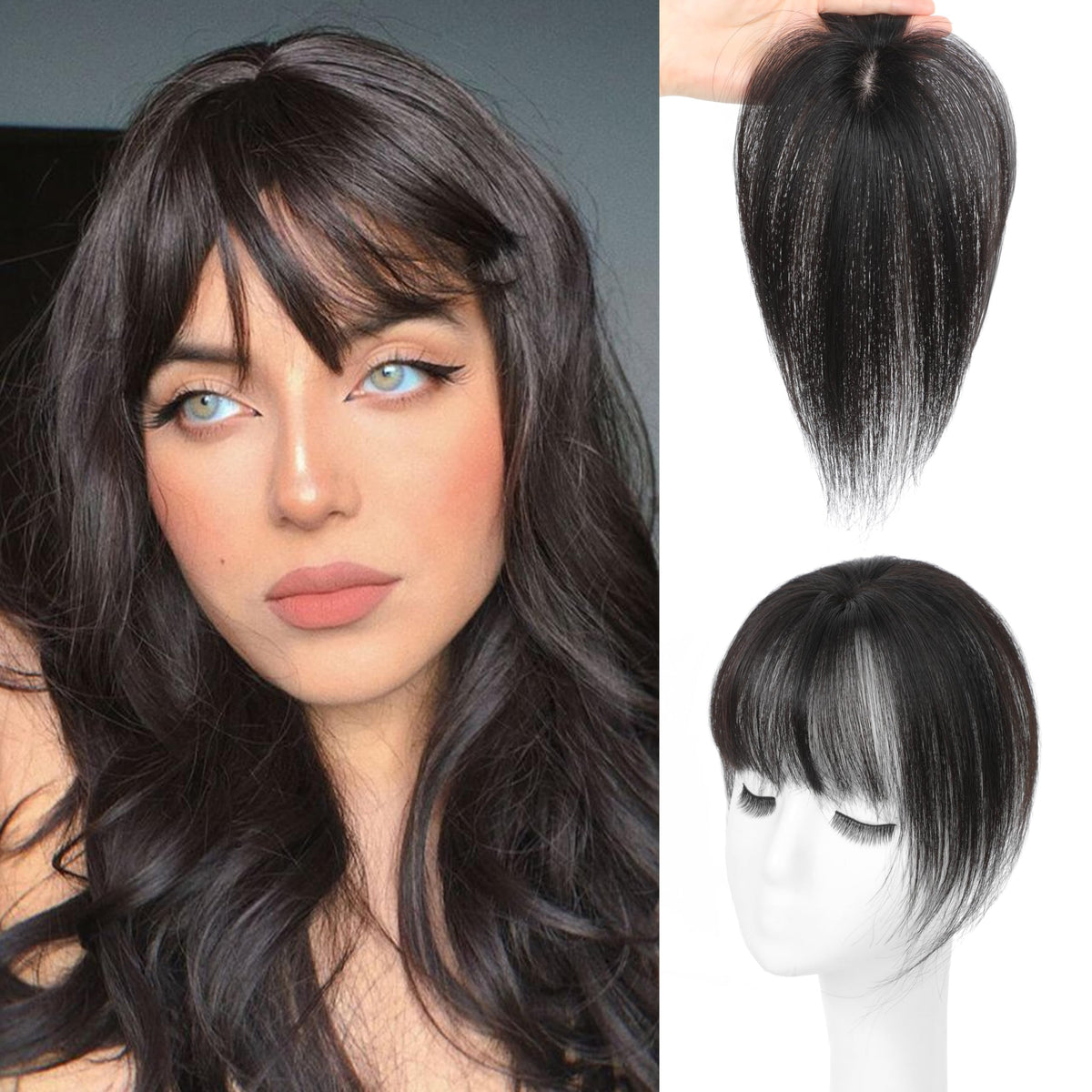 Hair Topper 360° 4x6in Real Human Hair Clip-In with Bangs Silk Base – 1B