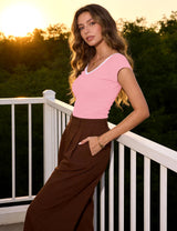 Women's Ribbed V-Neck Fitted Top Short Sleeve – Pink L