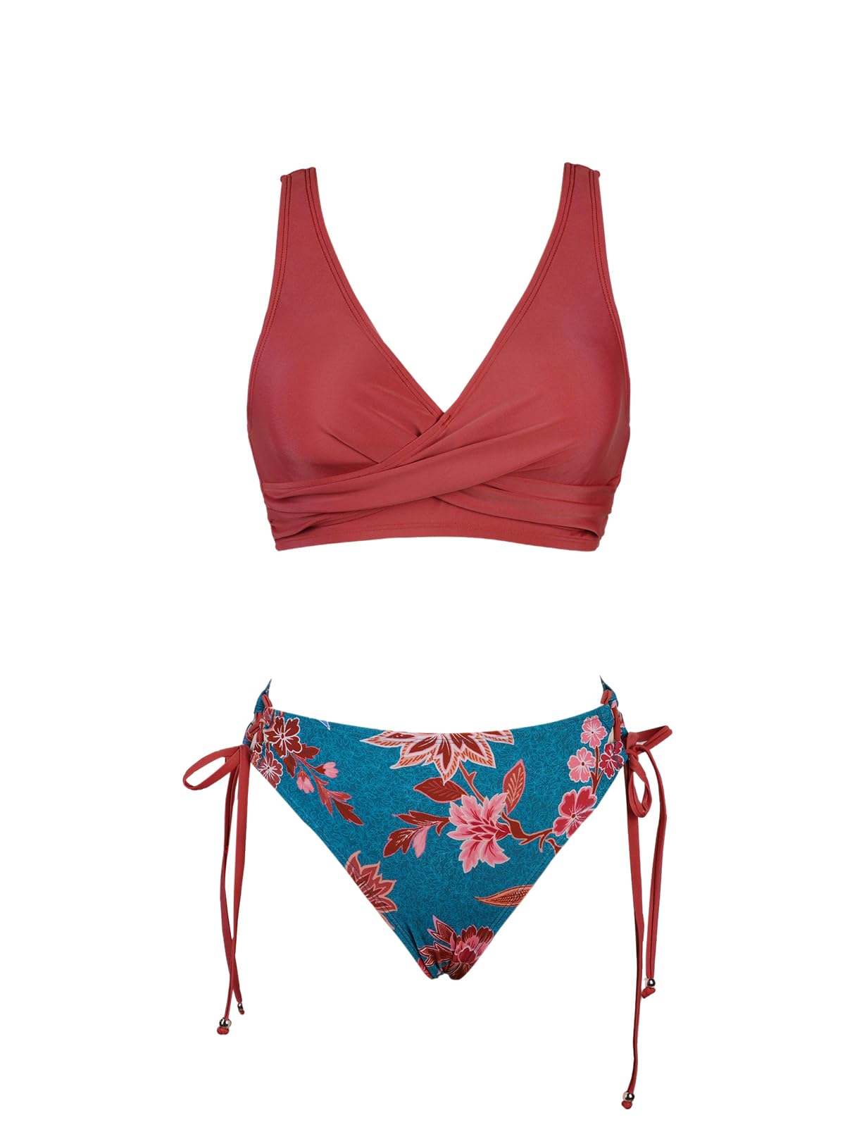 Costum de baie două piese damă petrecut cu șnururi laterale – Cărămiziu/Albastru L