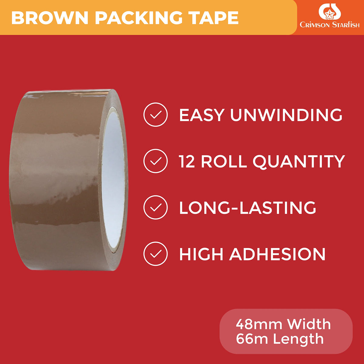 Crimson Starfish 12 x Packing Tape Brown Rolls 48mm x 66m | Packaging tapes for packages, boxes, shipping | Adhesive tape for packages & parcel tape brown | Low-noise parcel tape | Moving supplies