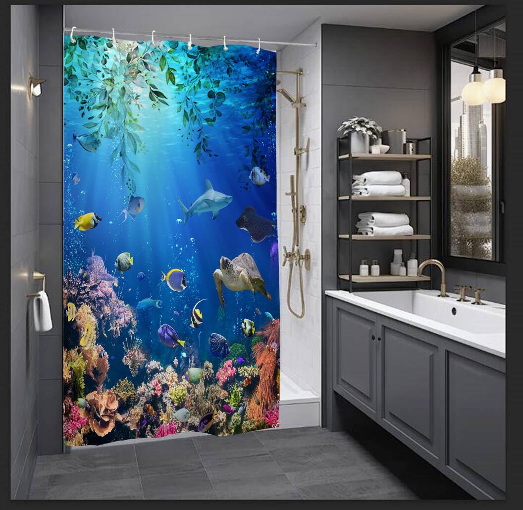 Shower Curtain 120x180cm Anti-Mould Waterproof Fabric Drops Ocean Fish – Light Blue
