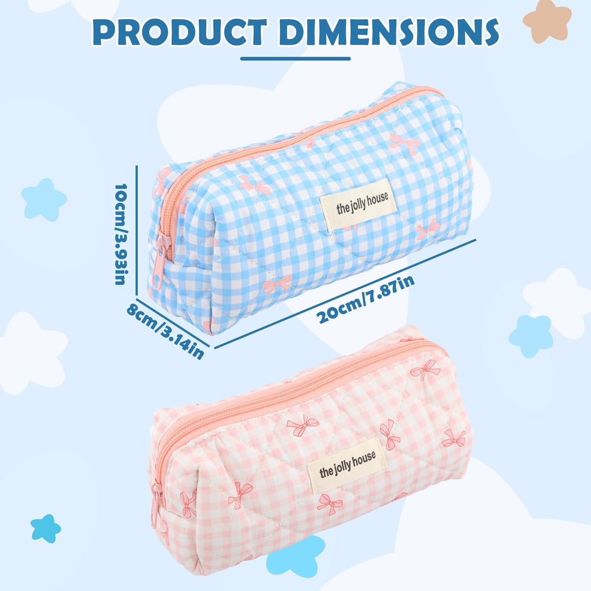 Quilted Bow Pencil Case Wide Opening Portable Pouch for School Office Cosmetics – Assorted