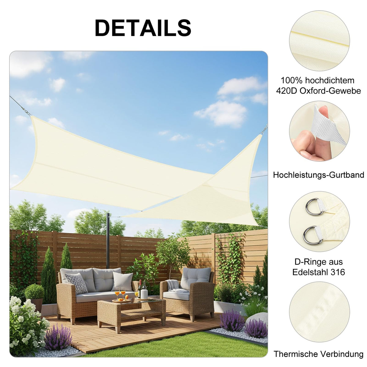 Prelată de umbrire triunghiulară impermeabilă cu protecție solară UV 2.5 x 2.5 x 3.5 m – Crem