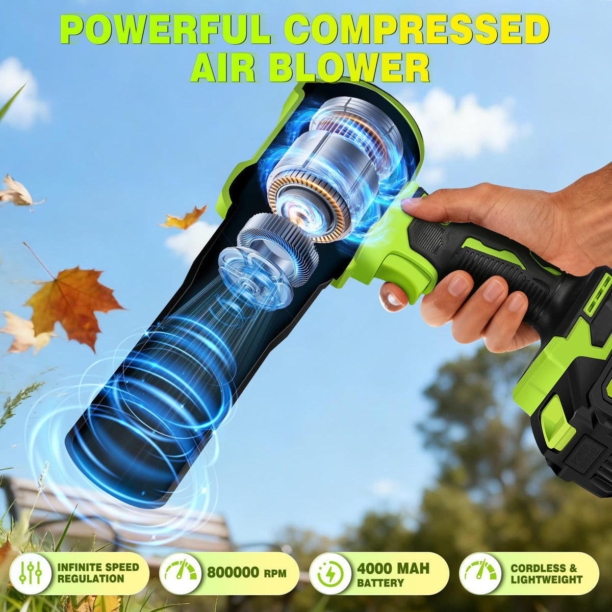Cordless Leaf Blower Turbo 2x4.0Ah Batteries 65m/s 800000RPM Lightweight – Green
