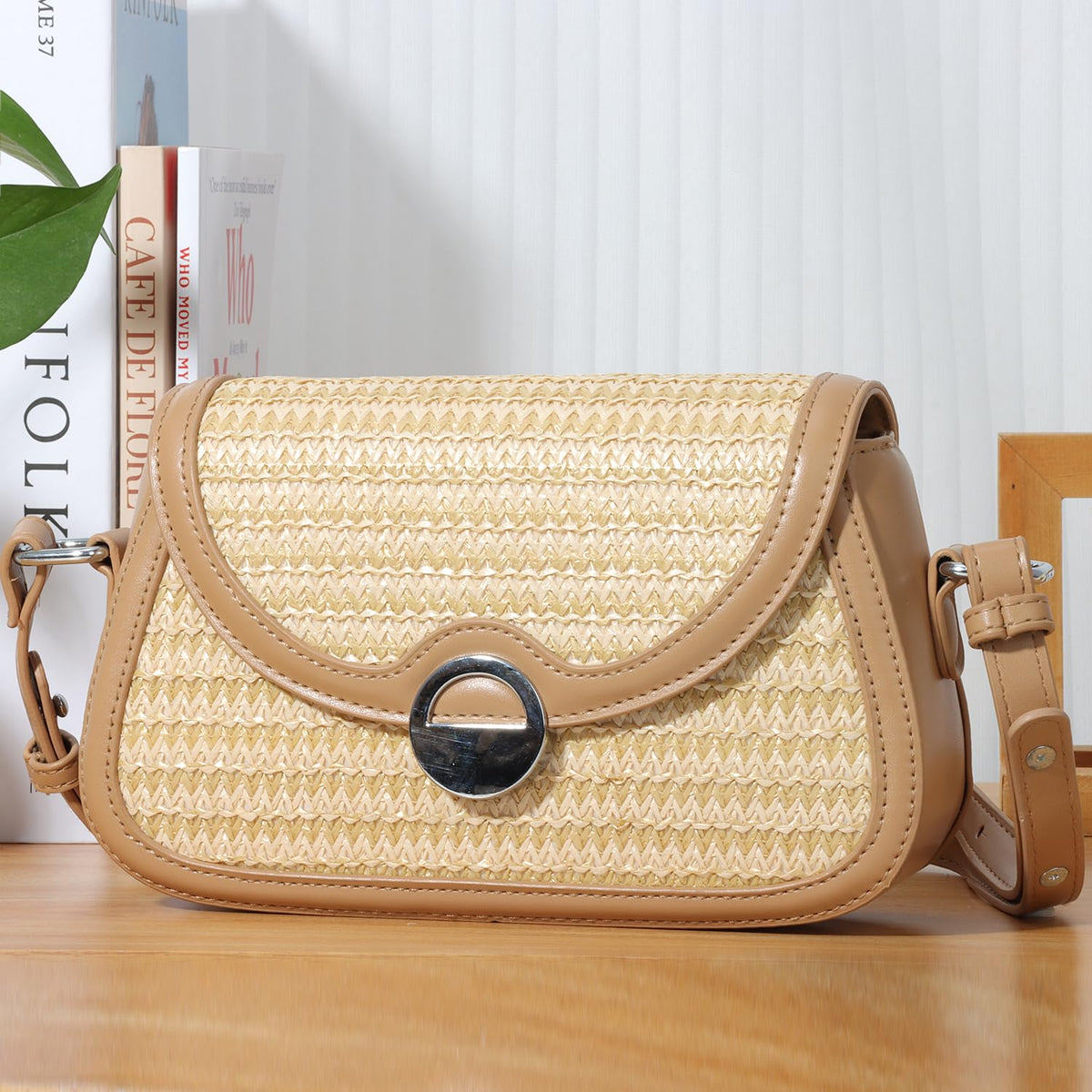 Women's Straw Woven Shoulder Tote Bag Beach Handbag – Apricot