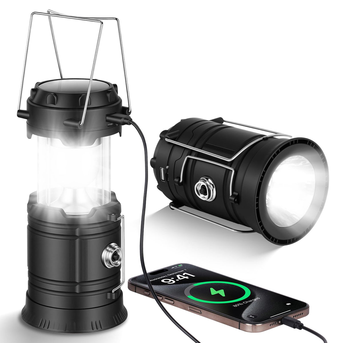 LED Solar Camping Lamp Rechargeable Foldable Waterproof with Hook & USB Charging