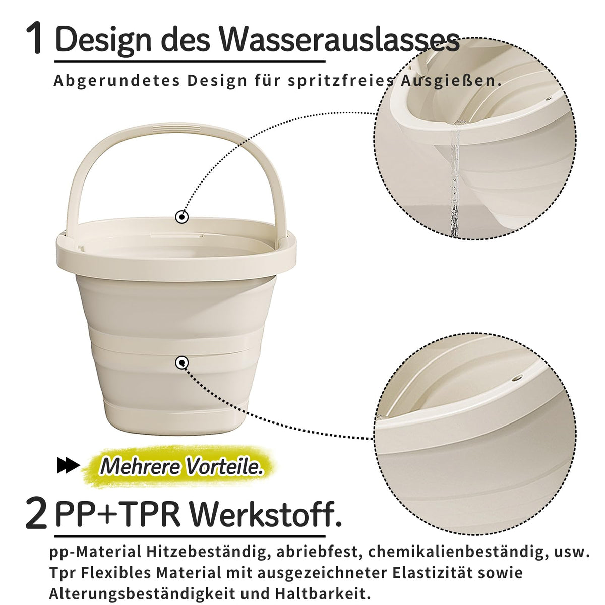 Collapsible Foldable Bucket 10L PP+TPR Space-saving – Cream