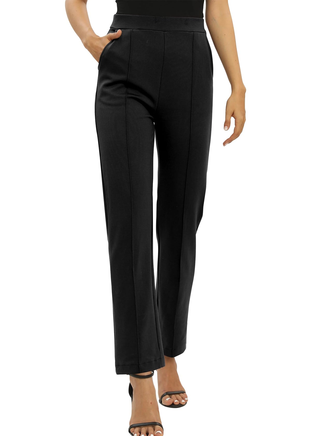 Pantaloni office damă EXCHIC drepți cu talie elastică și buzunare – Negru XL