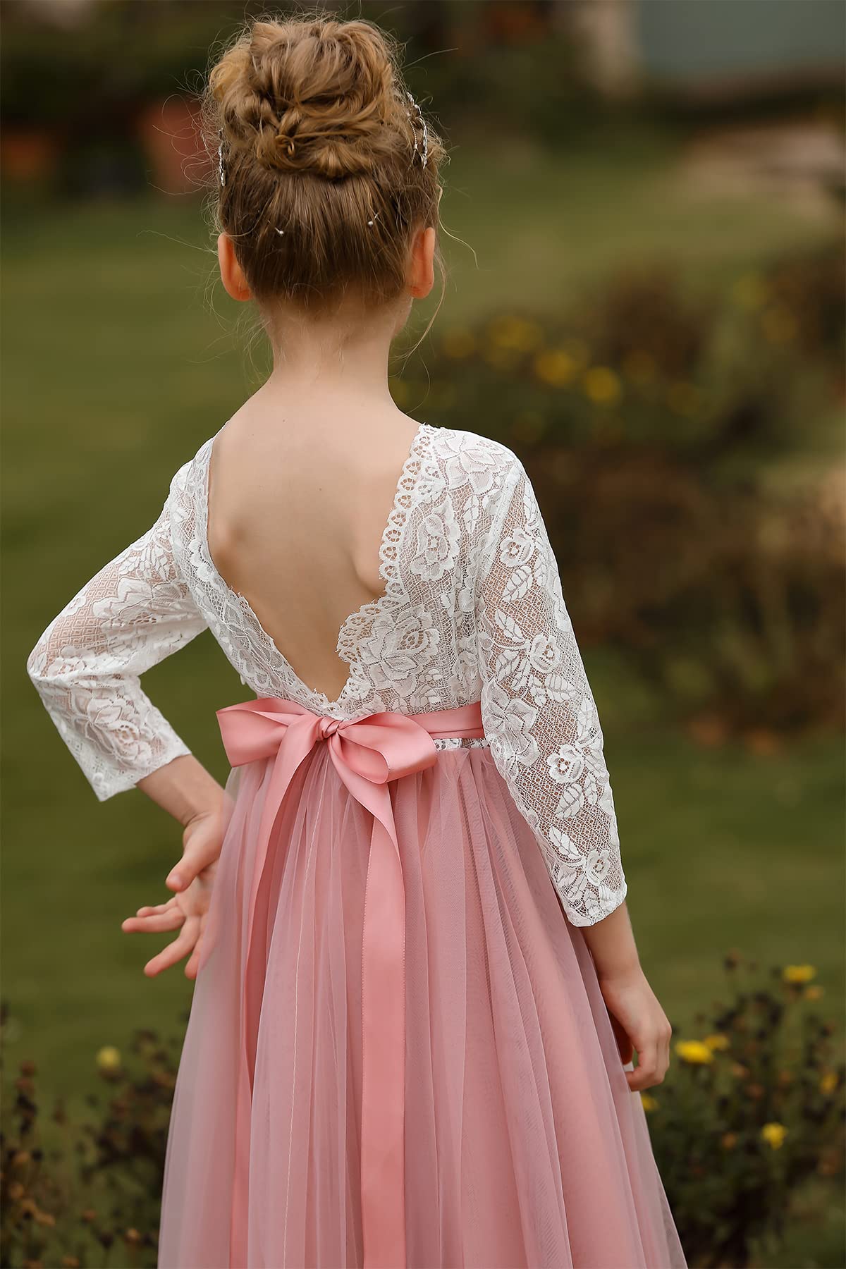 Flower Girl Tulle Princess Dress Lace V-Back Tutu Ball Gown with Sash - Pink 10-11Y