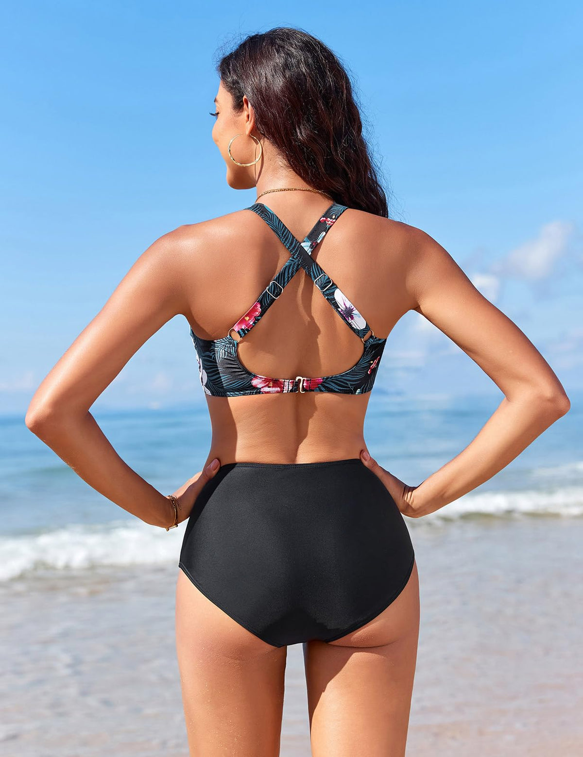 Women's Tummy Control Bikini Set V-Neck Cross Top High-Waist Bottoms – Print A XL