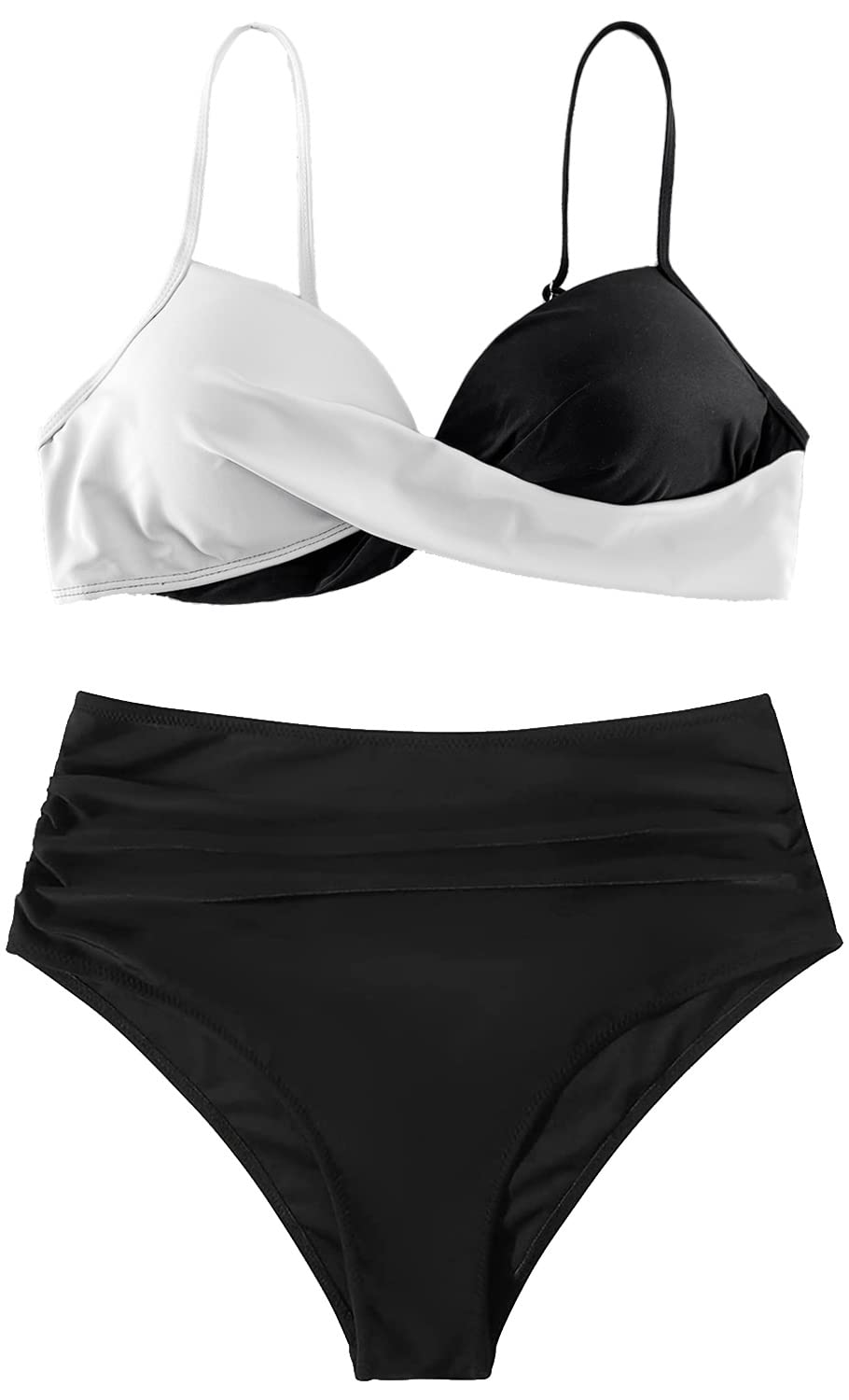 Women's Split Swimsuit Push-Up Underwire Bikini Set Ruched – White S
