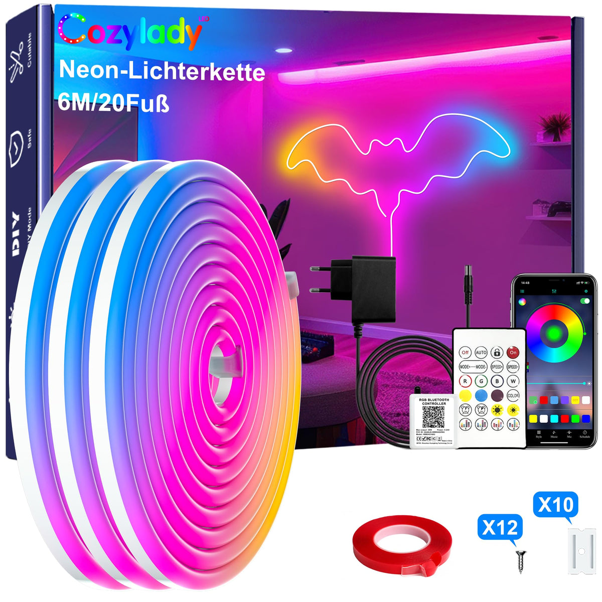 Cozylady 6M RGB Neon LED Strip, Flexible Strips with strong double-sided adhesive tape, 24V LED light ropes with app/remote control applicable to bedroom, room & outdoor decoration.