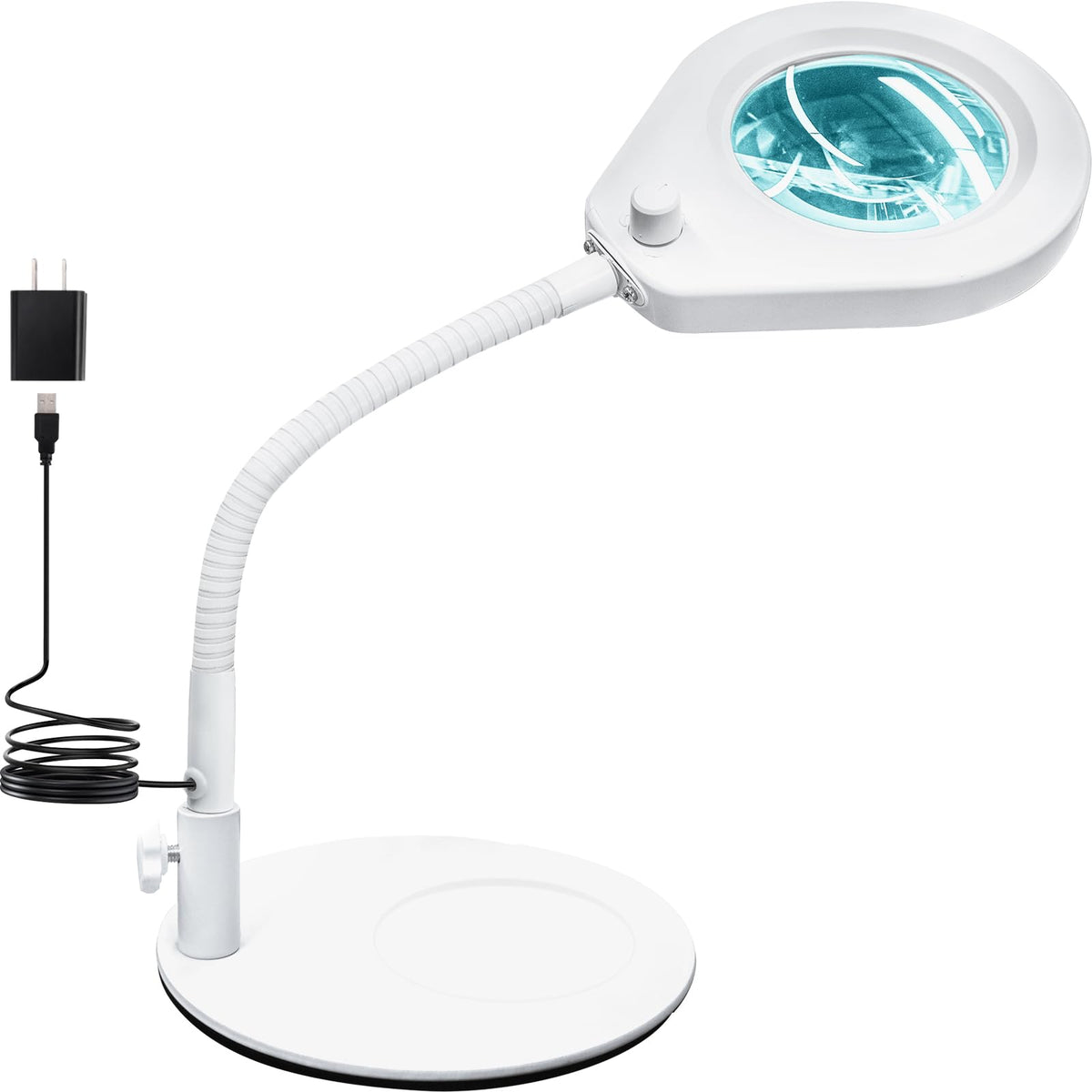 Beyamz LED Magnifying Glass Lamp with Desk Stand, Illuminated 105mm 5X Magnifying Glass, with Gooseneck, 5-Color 10-Lever Dimmable Ring Lights, for Crafts, Hobbies and Desk Lighting