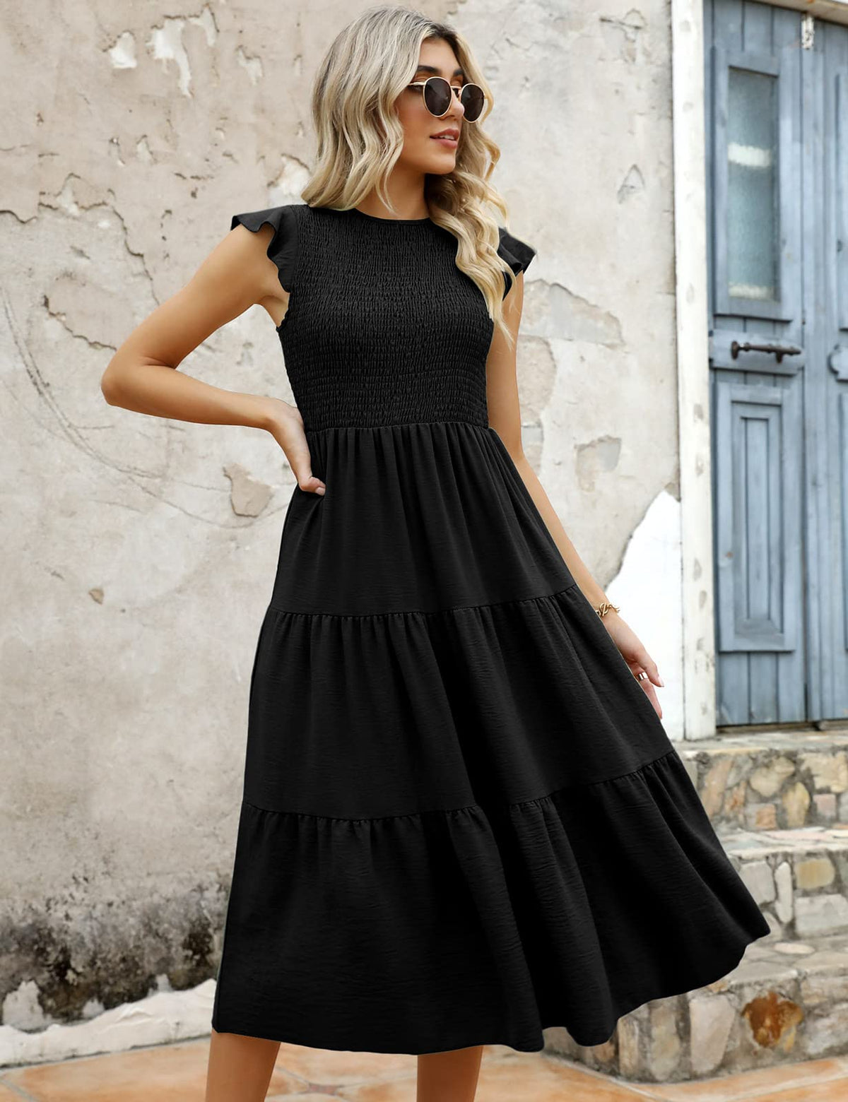 Yuson Girl Dress Women's Summer Dress Long Casual Round Neck Flutter Sleeve Maxi Dresses Summer Knee-Length Beach Dress Elastic Waist Long Dresses Tiered Ruffle A Line Dress (Black, XL)