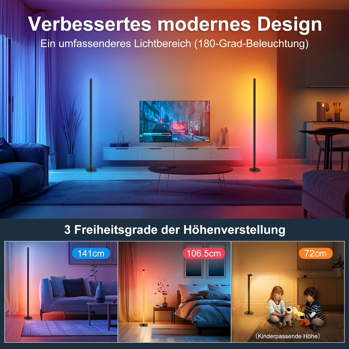 RGBIC LED Floor Lamp 140cm Detachable Dimmable 16M Colours App Control 180° Illumination – Black