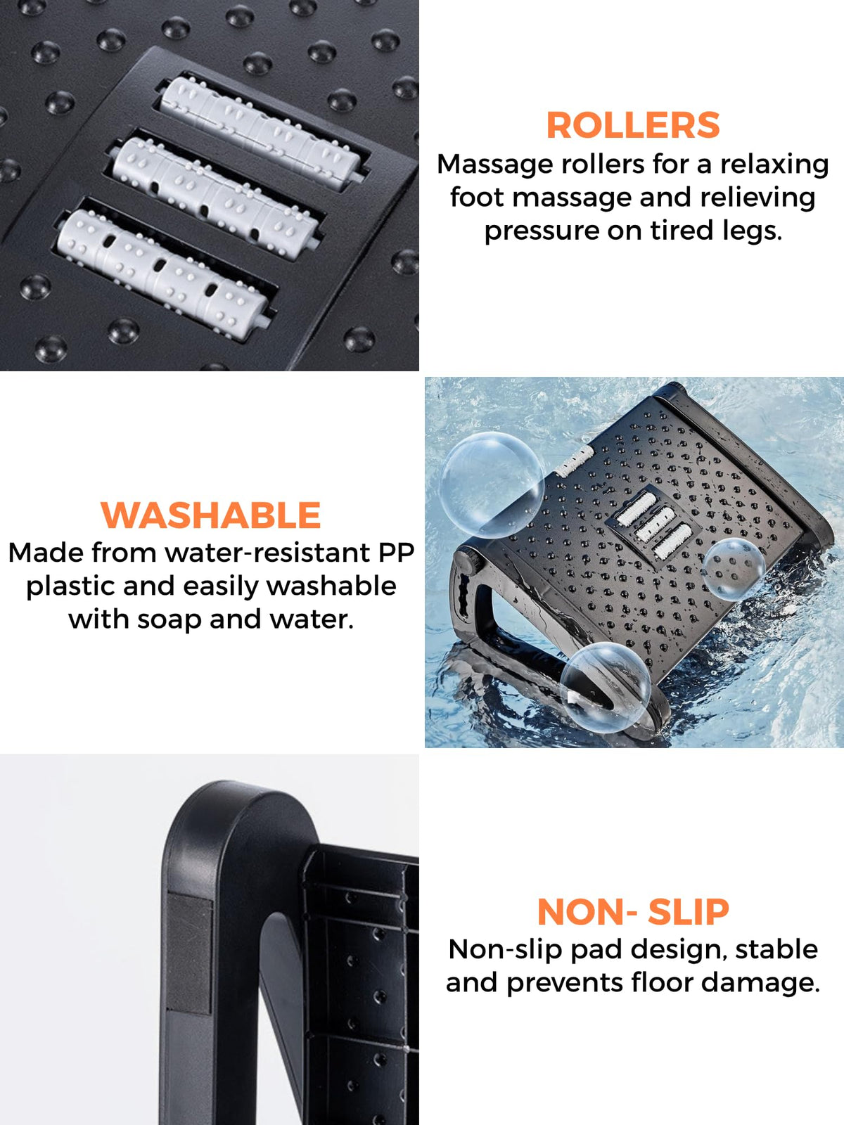 Suport ergonomic reglabil pentru picioare sub birou cu role de masaj și suprafață antiderapantă – Negru
