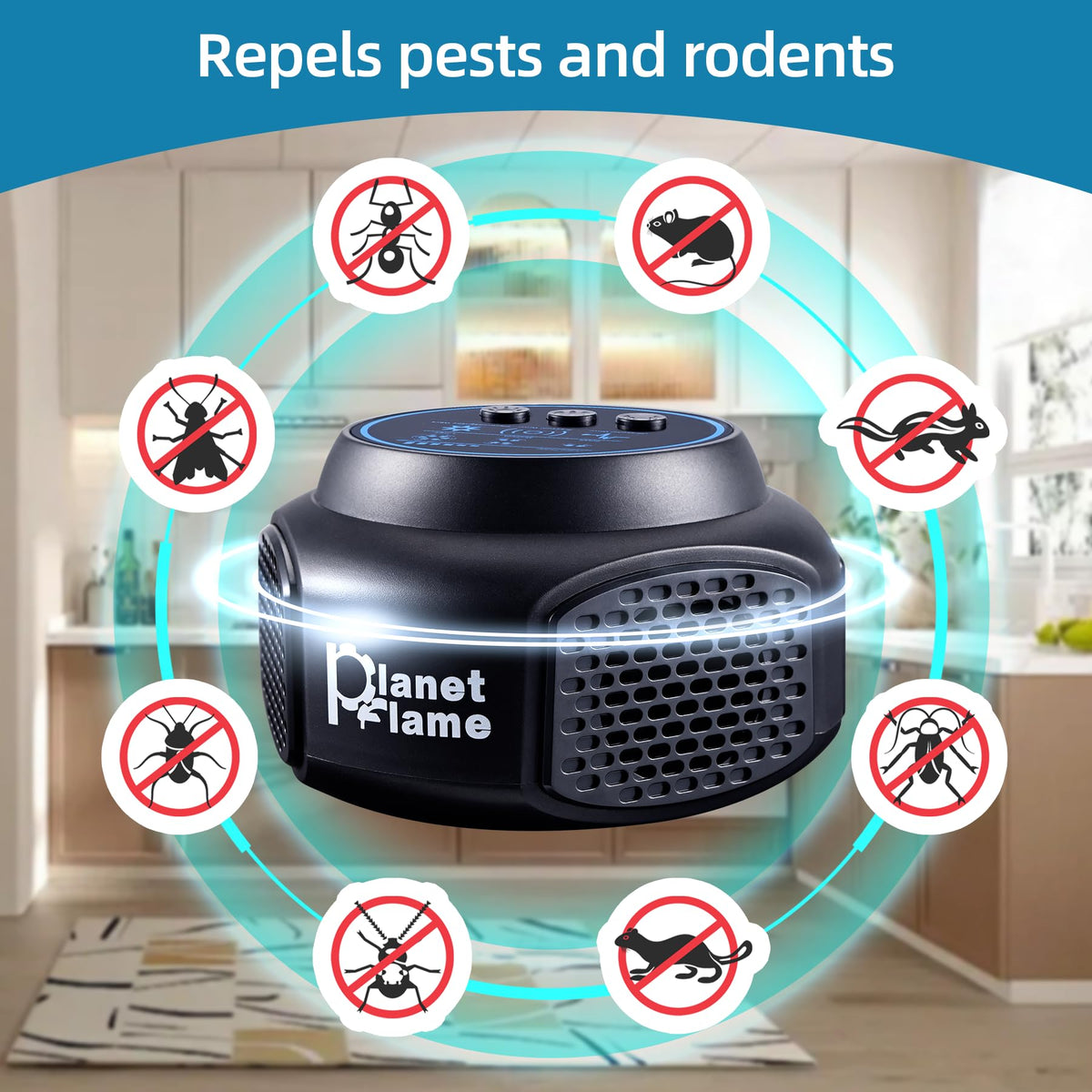 Ultrasonic Pest Control Black PlanetFlame Ultrasonic Rat Repeller with Electronic Light Plug-in for Mice, Rats, Mosquitoes, Cockroaches, Moths, Ants