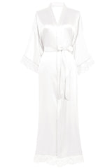 BABEYOND Women's Dressing Gown Long Short Solid Color Bathrobe Lace Sleeves Silk Satin Kimono Dress Ladies Summer Robe Pure Color Sleeping Coat (Long - White)