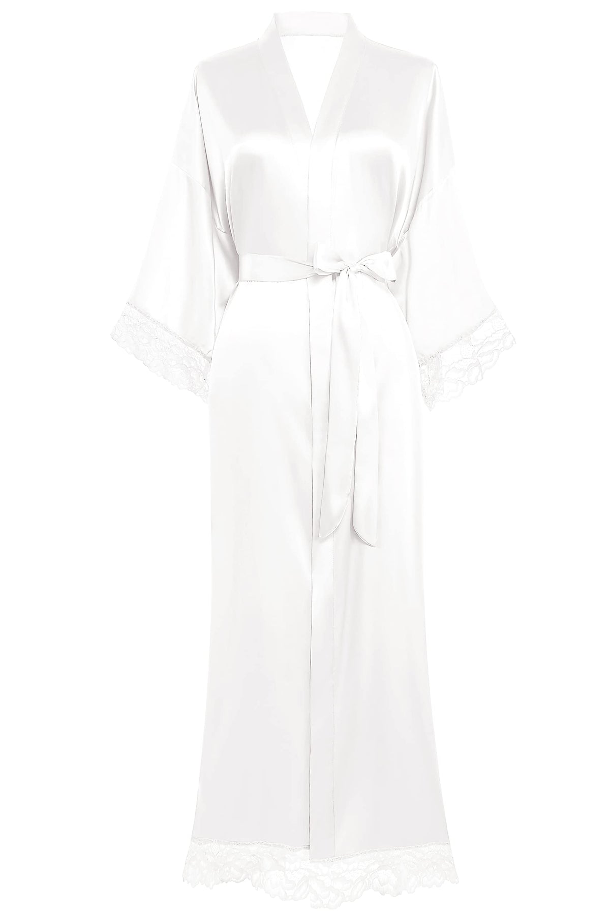 BABEYOND Women's Dressing Gown Long Short Solid Color Bathrobe Lace Sleeves Silk Satin Kimono Dress Ladies Summer Robe Pure Color Sleeping Coat (Long - White)