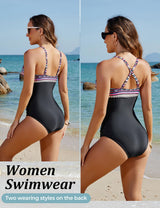 Women's Slimming V-Neck One Piece Swimsuit – Black L