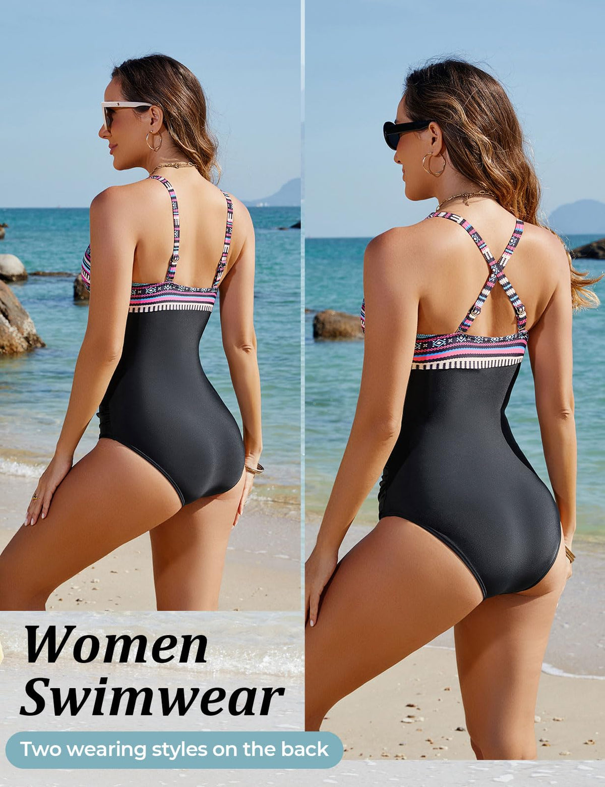 Women's Slimming V-Neck One Piece Swimsuit – Black L