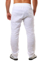 Pantaloni lejeri de vară din in pentru bărbați cu șnur – Alb 3XL