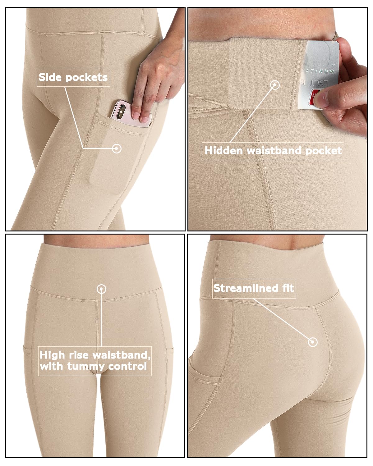 Pantaloni de yoga și fitness cu talie înaltă și buzunare OUGES – Kaki S