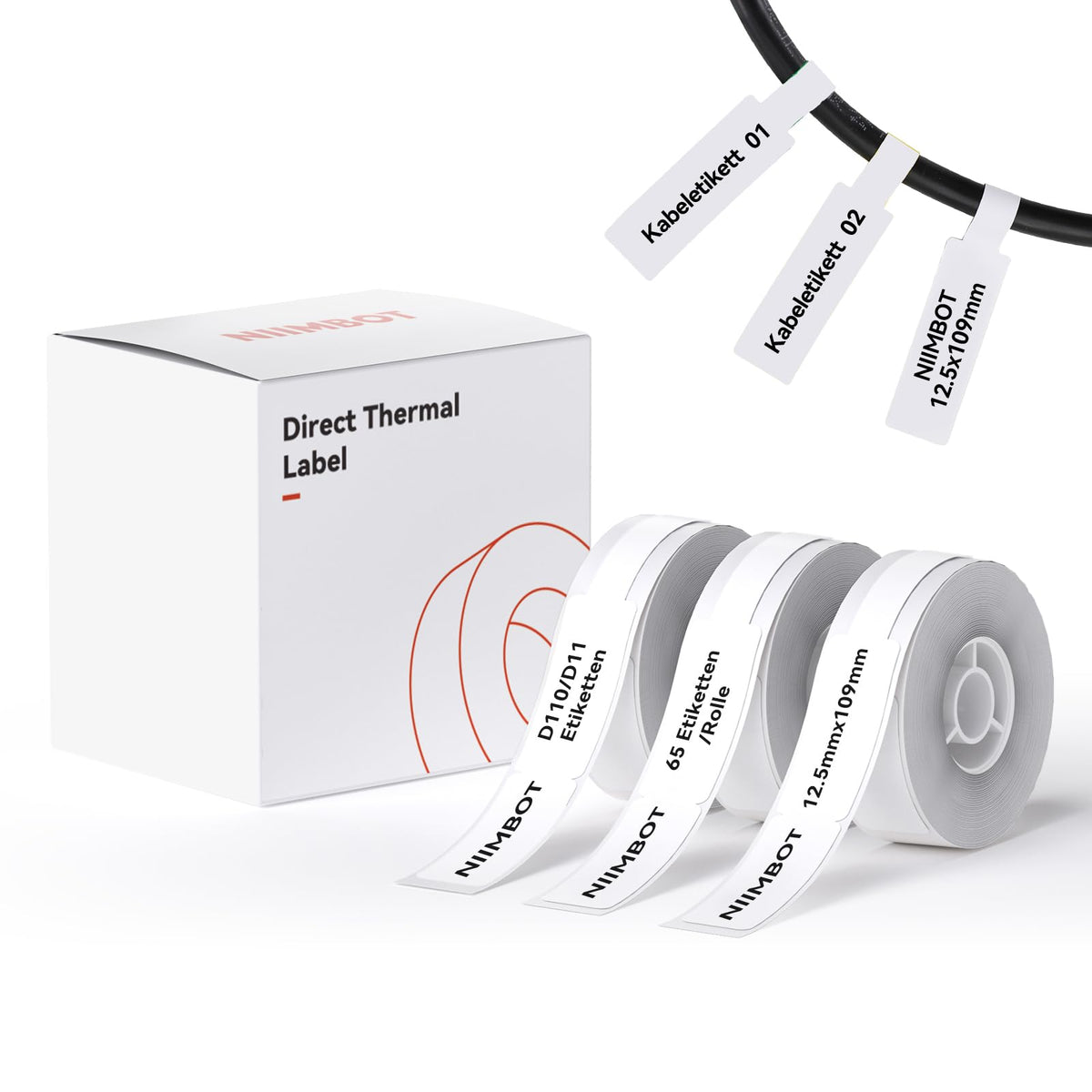 Etichete termice pentru cabluri NIIMBOT compatibile D11/D110/D101, set 3 role – Alb