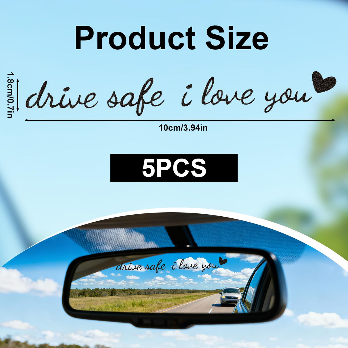 Car Rearview Mirror Stickers 'Drive Safe I Love You' 5pcs Heart Decals – Black