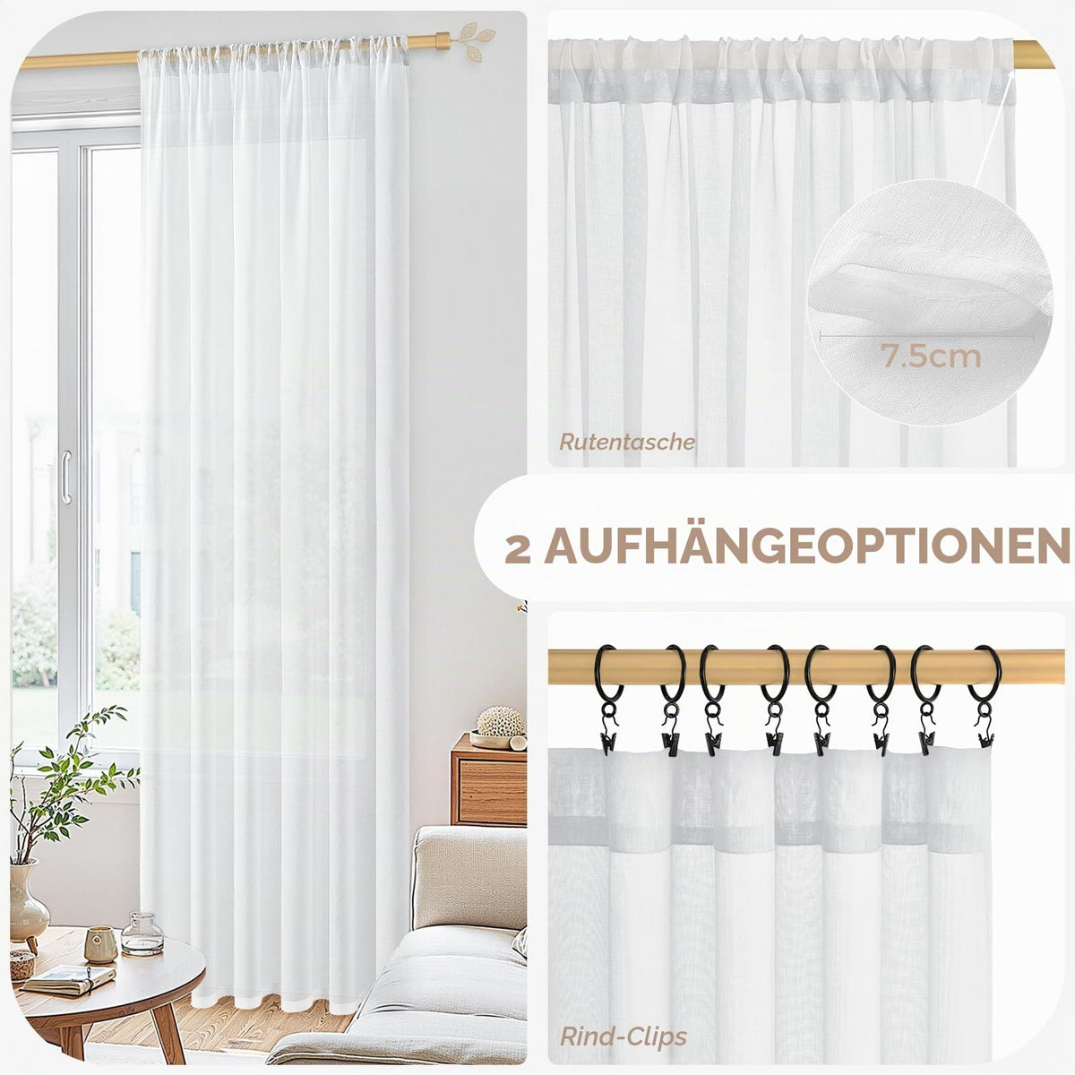 Sheer Curtain Rod Pocket Boho Linen Look Single Panel – White 250x200cm
