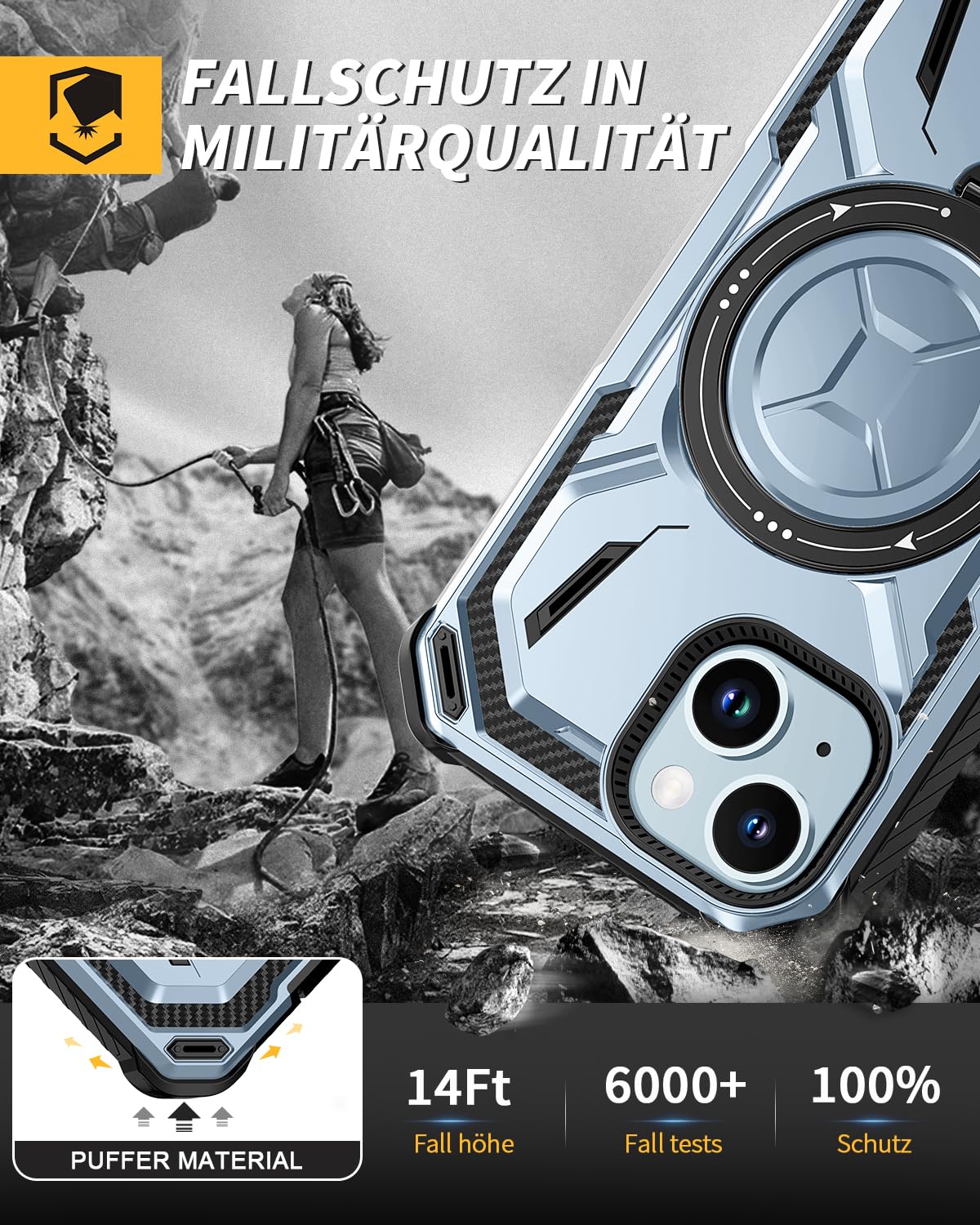 Husă antisoc militară cu inel rotativ 360° și 2 folii sticlă pentru iPhone 15 – Albastru